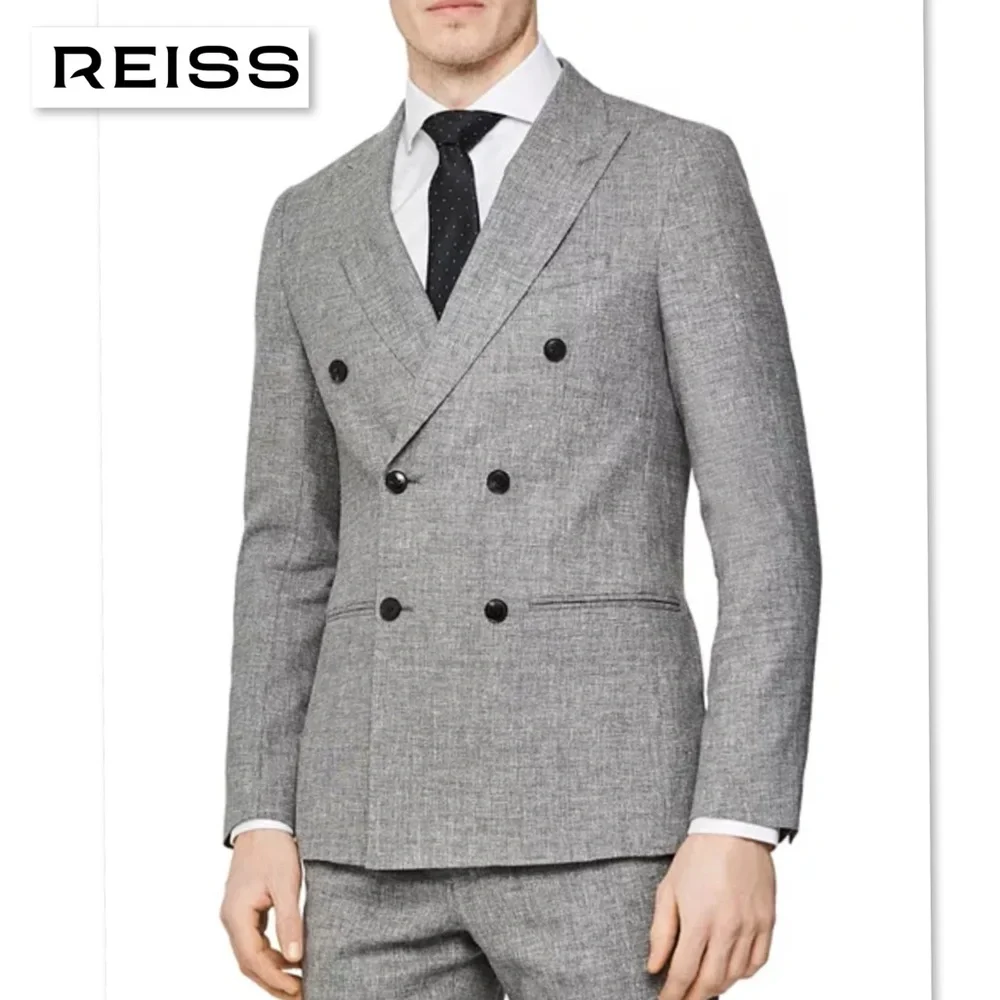 REISS Double Breasted Peak Texture Slim Fit Blazer 36 Gray Linen Wool Jacket